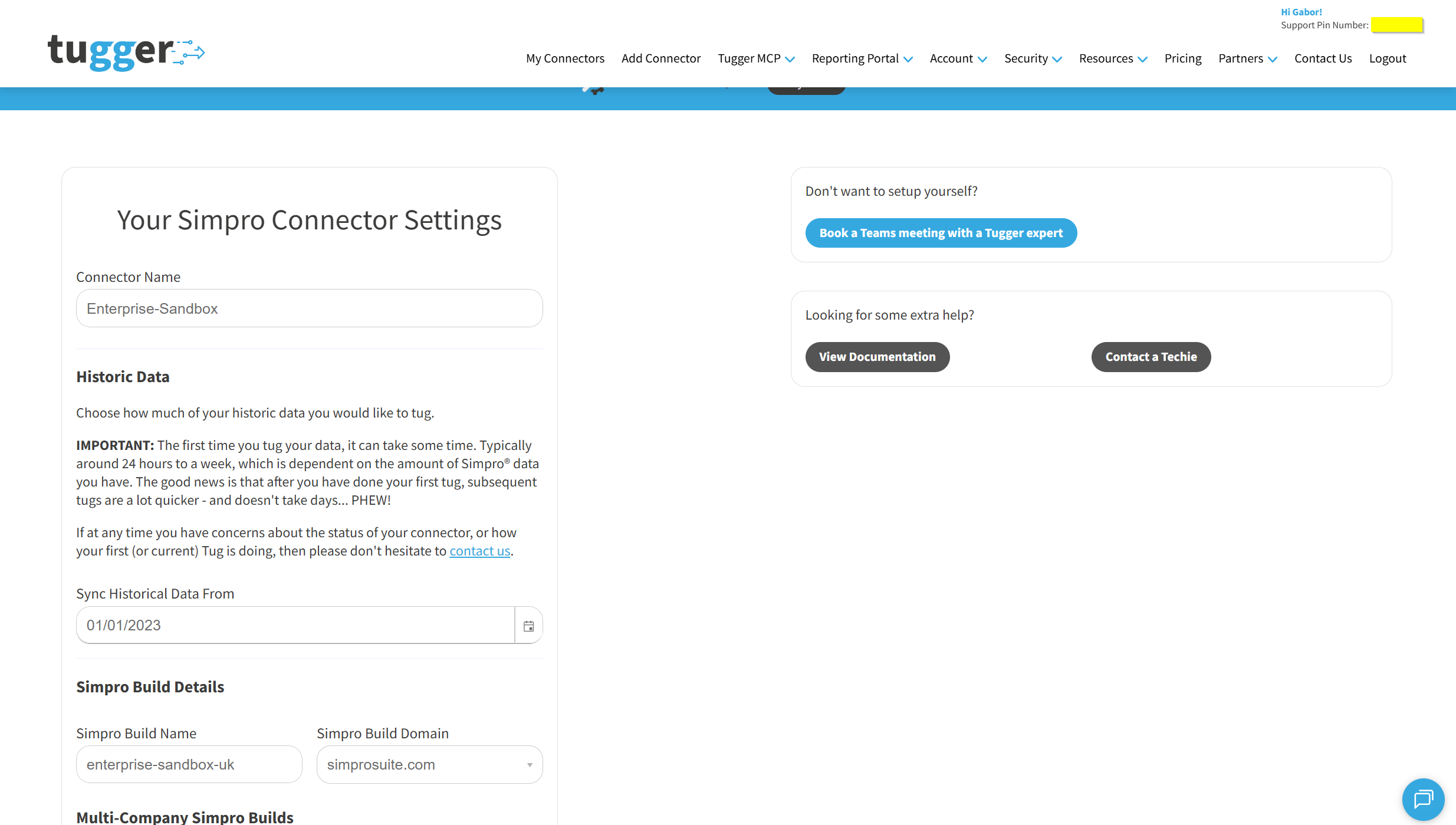 Screenshot: Simpro connector settings page showing connector name, historic data date and Simpro build details