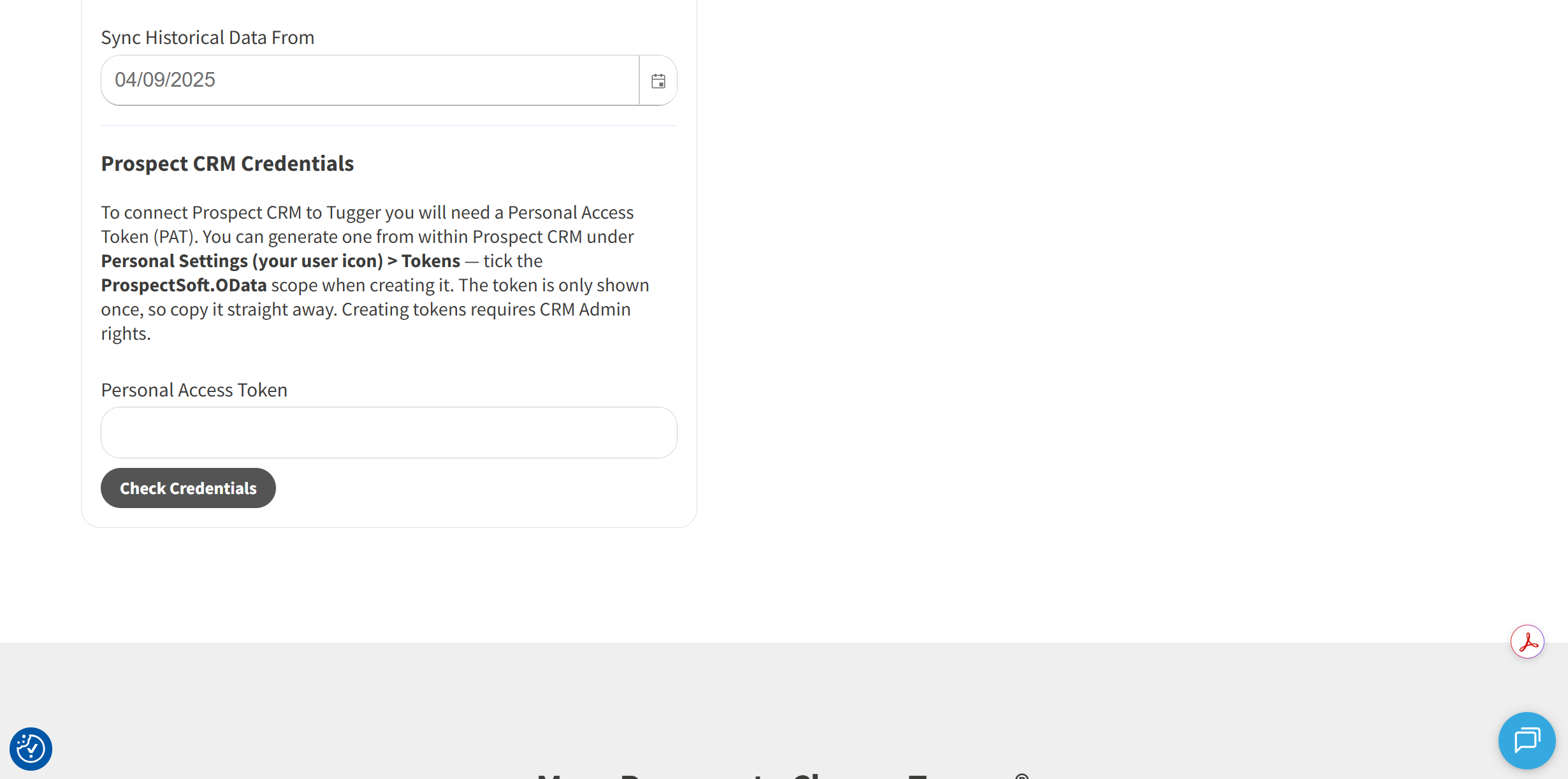 Screenshot: Prospect CRM Credentials section with the empty Personal Access Token field and Check Credentials button