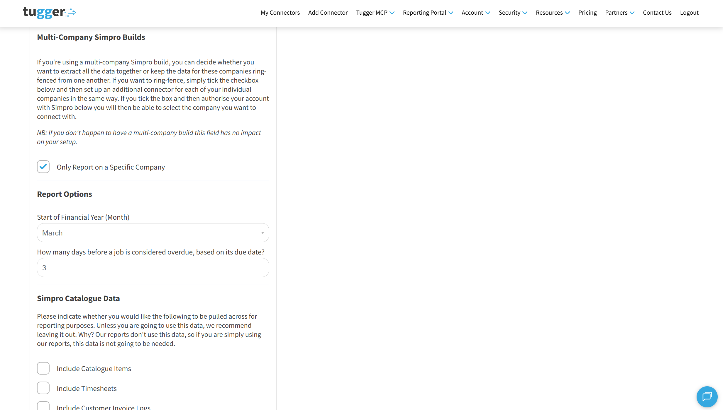 Screenshot: Multi-company and report options on the Simpro connector settings page