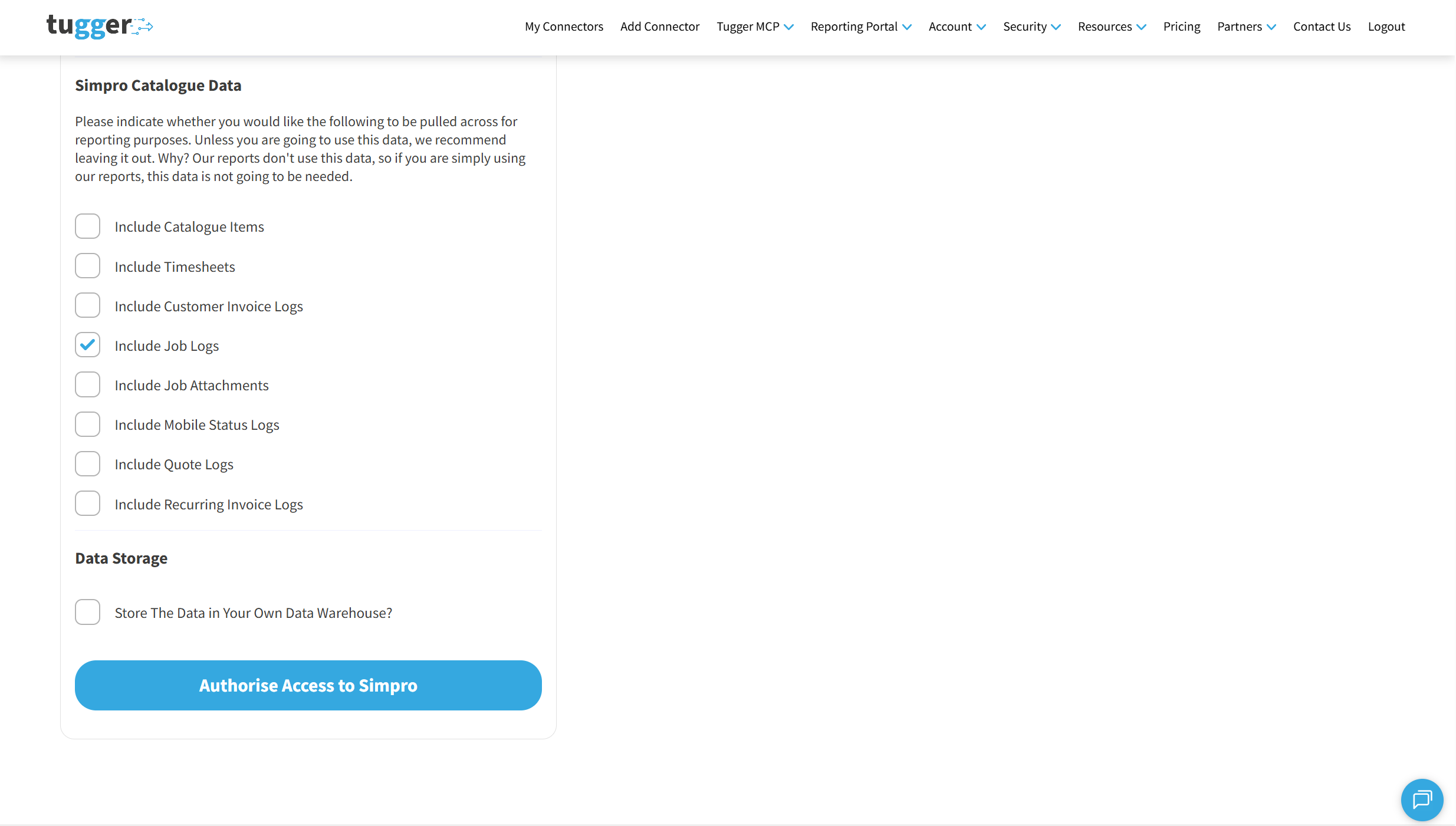 Screenshot: Simpro catalogue data options, data storage setting and the Authorise Access to Simpro button
