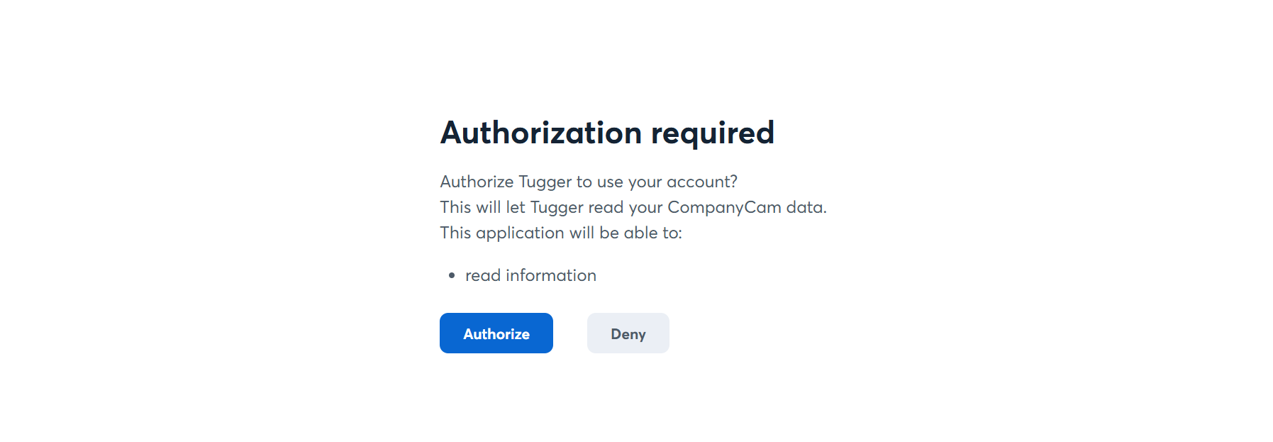 Screenshot: CompanyCam authorisation screen asking you to authorise Tugger