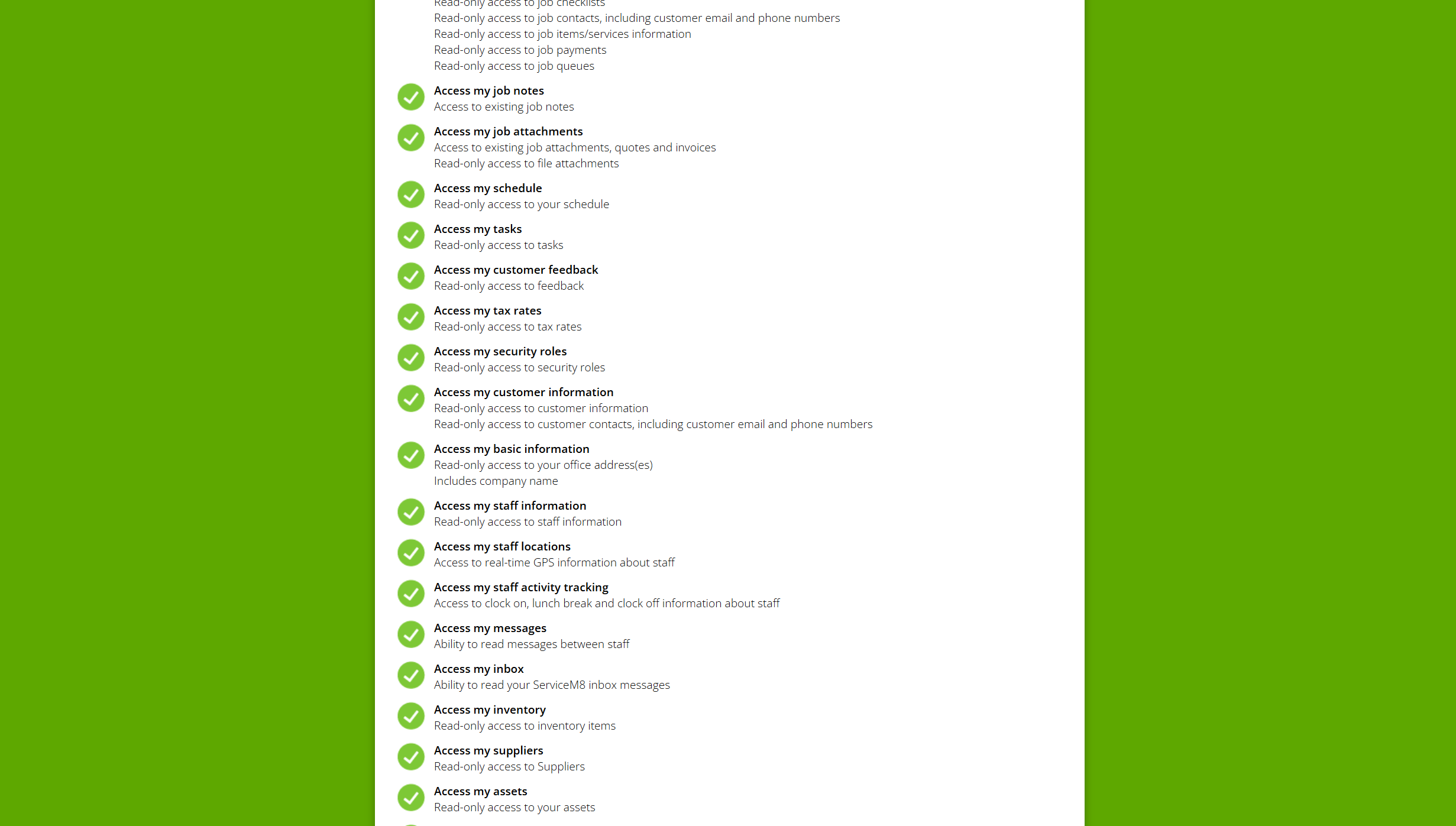 Screenshot: ServiceM8 permissions screen, part 1