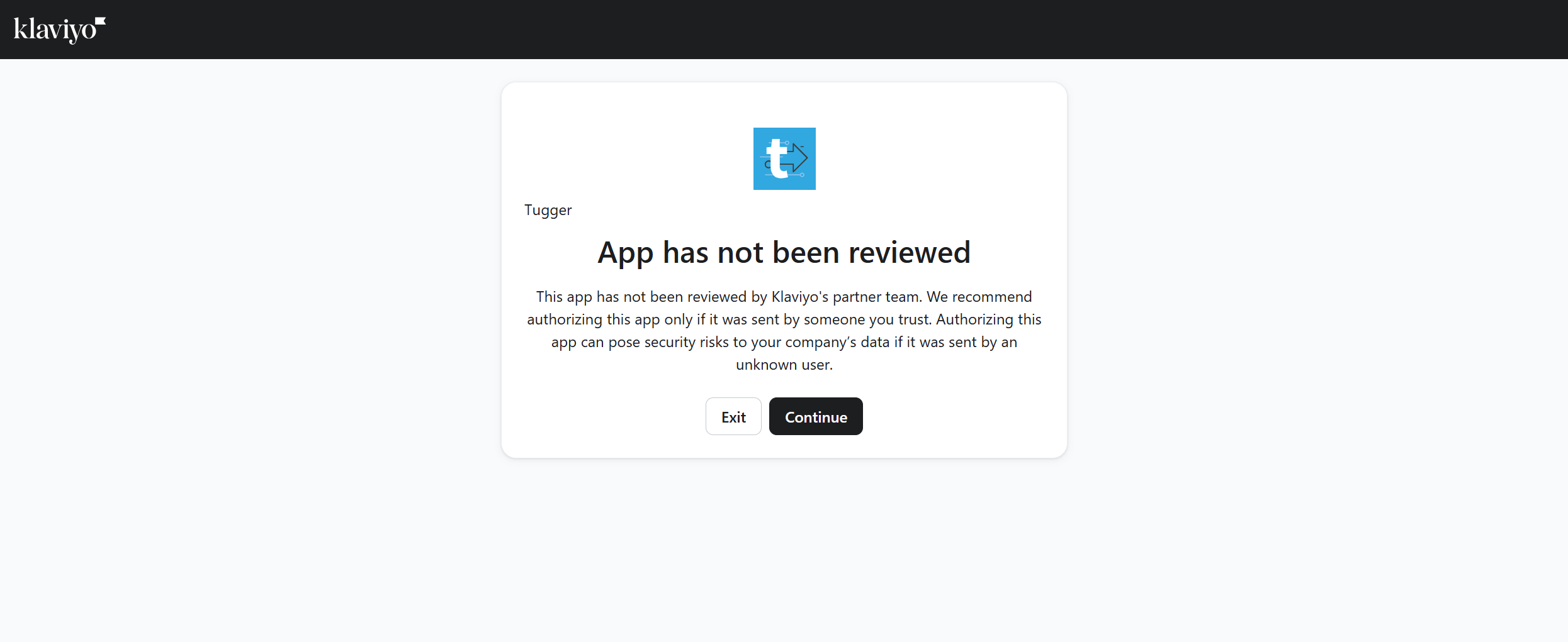 Screenshot: Klaviyo's app review notice, with the Exit and Continue buttons