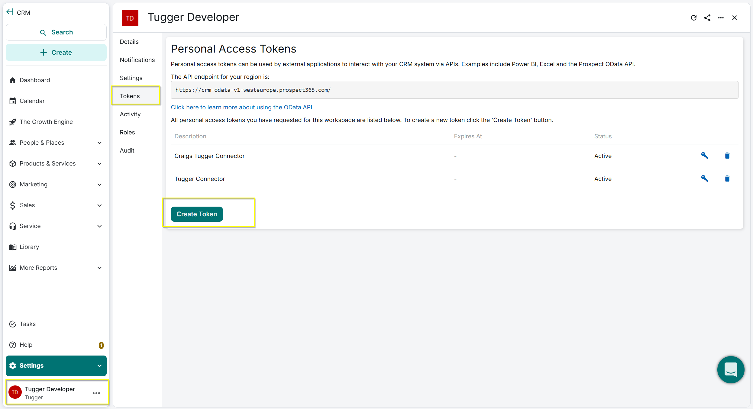 Screenshot: Personal Access Tokens page in Prospect CRM with the Tokens menu item and Create Token button highlighted