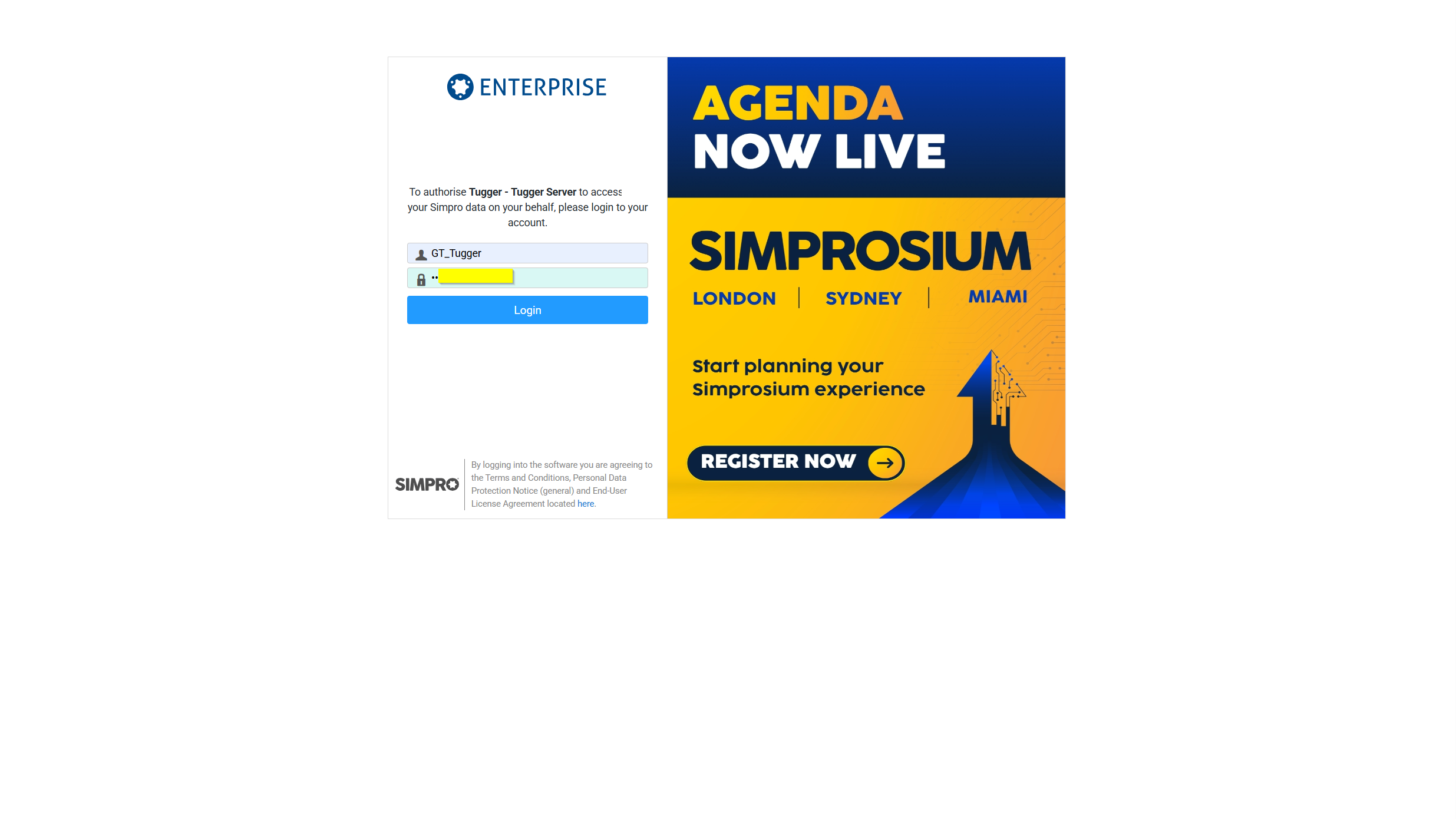 Screenshot: Simpro login page asking you to log in so Tugger can access your data