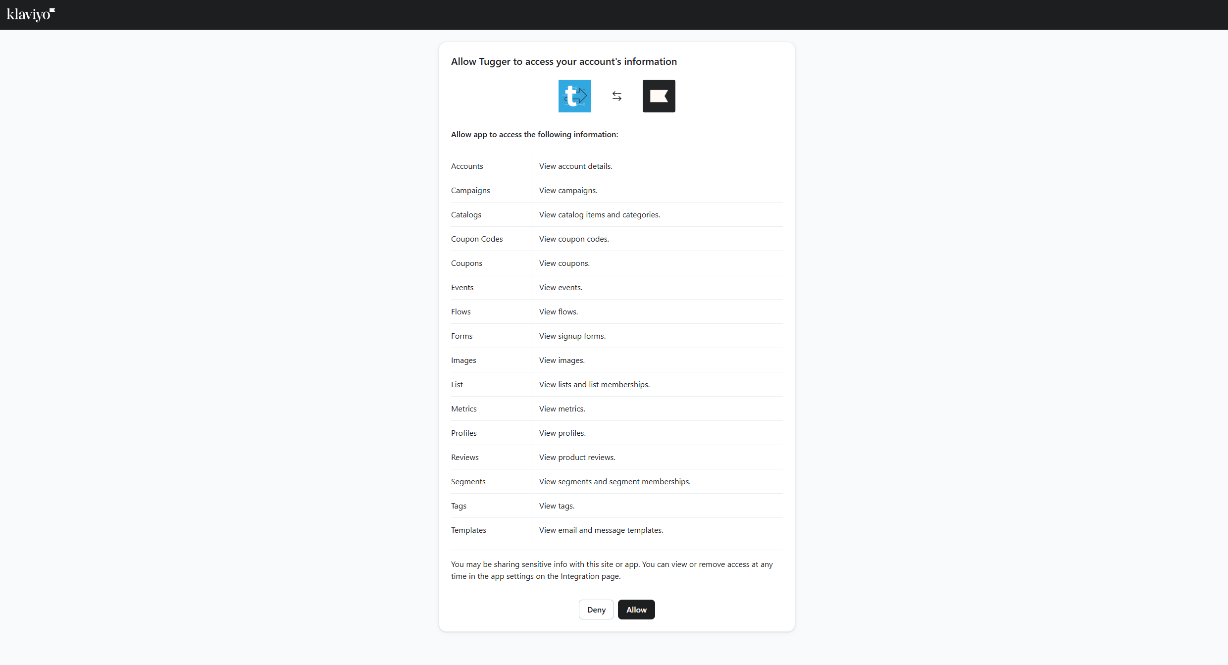 Screenshot: Klaviyo permissions screen listing the read-only access Tugger is requesting
