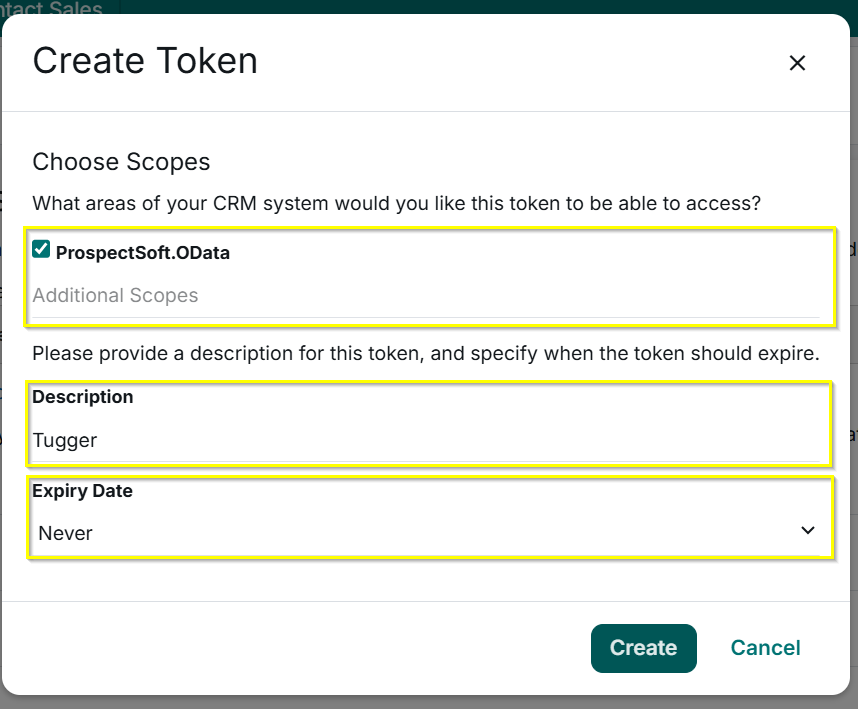 Screenshot: Create Token window with the ProspectSoft.OData scope ticked, a description and an expiry date