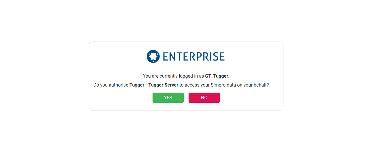 Screenshot: Simpro authorisation prompt with YES and NO buttons