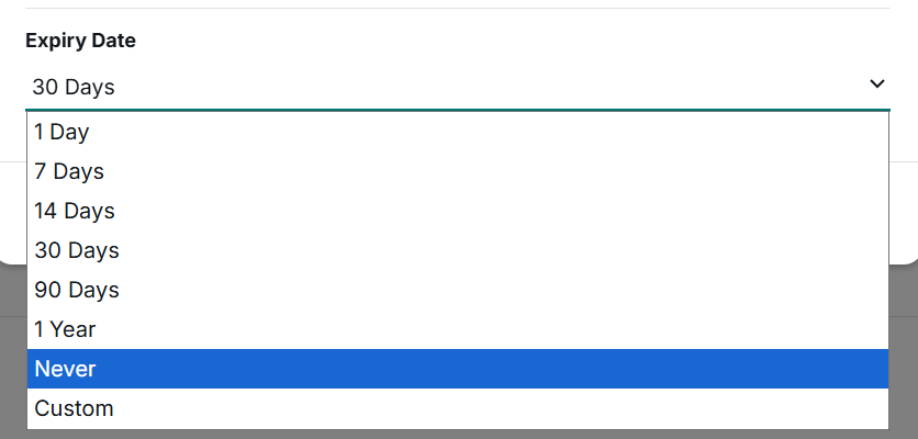 Screenshot: Expiry Date dropdown showing the available options