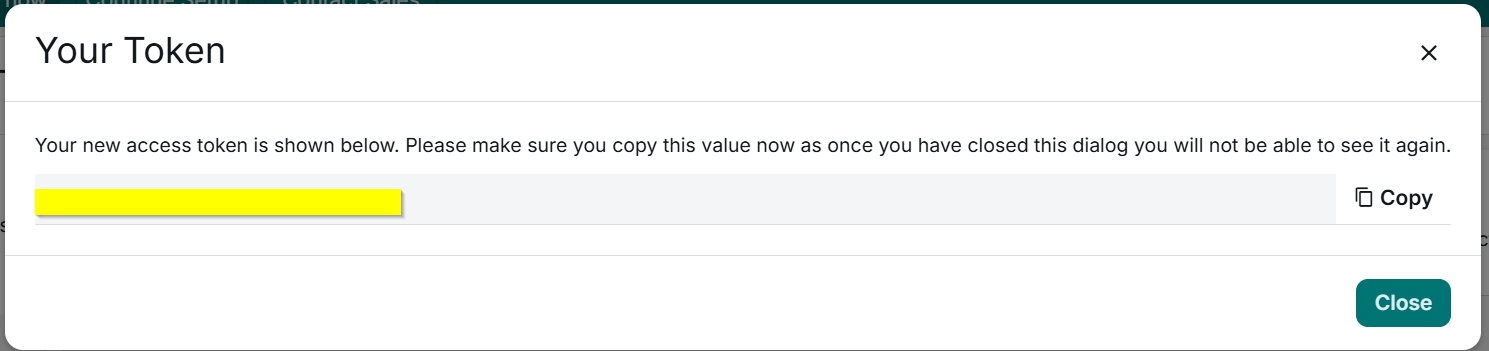 Screenshot: Your Token window showing the newly created token and the Copy button