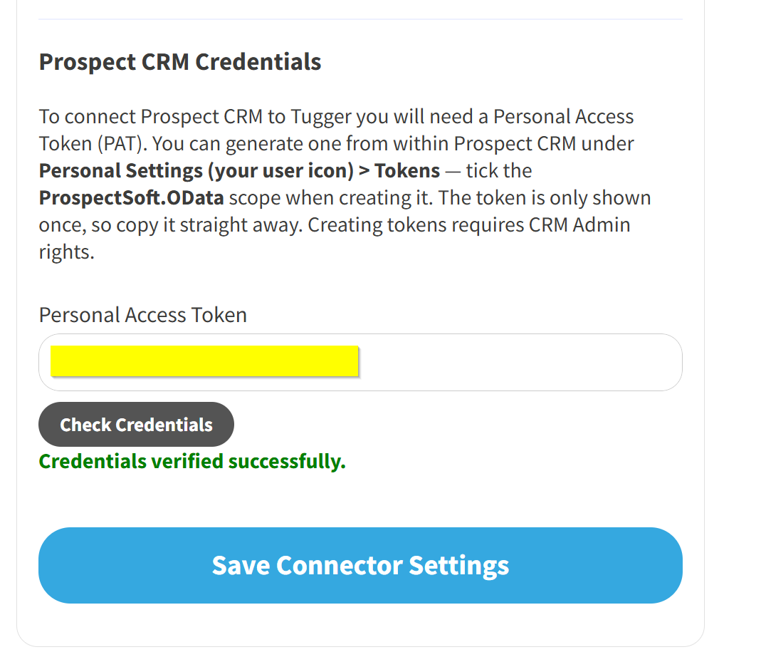 Screenshot: Credentials verified successfully message with the Save Connector Settings button now showing