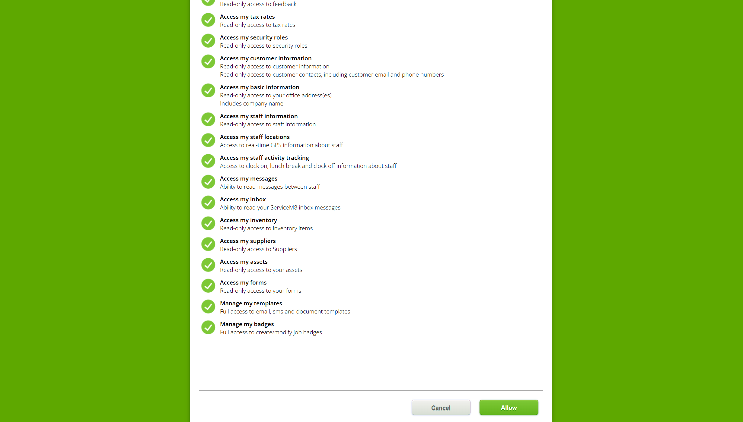 Screenshot: ServiceM8 permissions screen, part 2, showing the Allow button