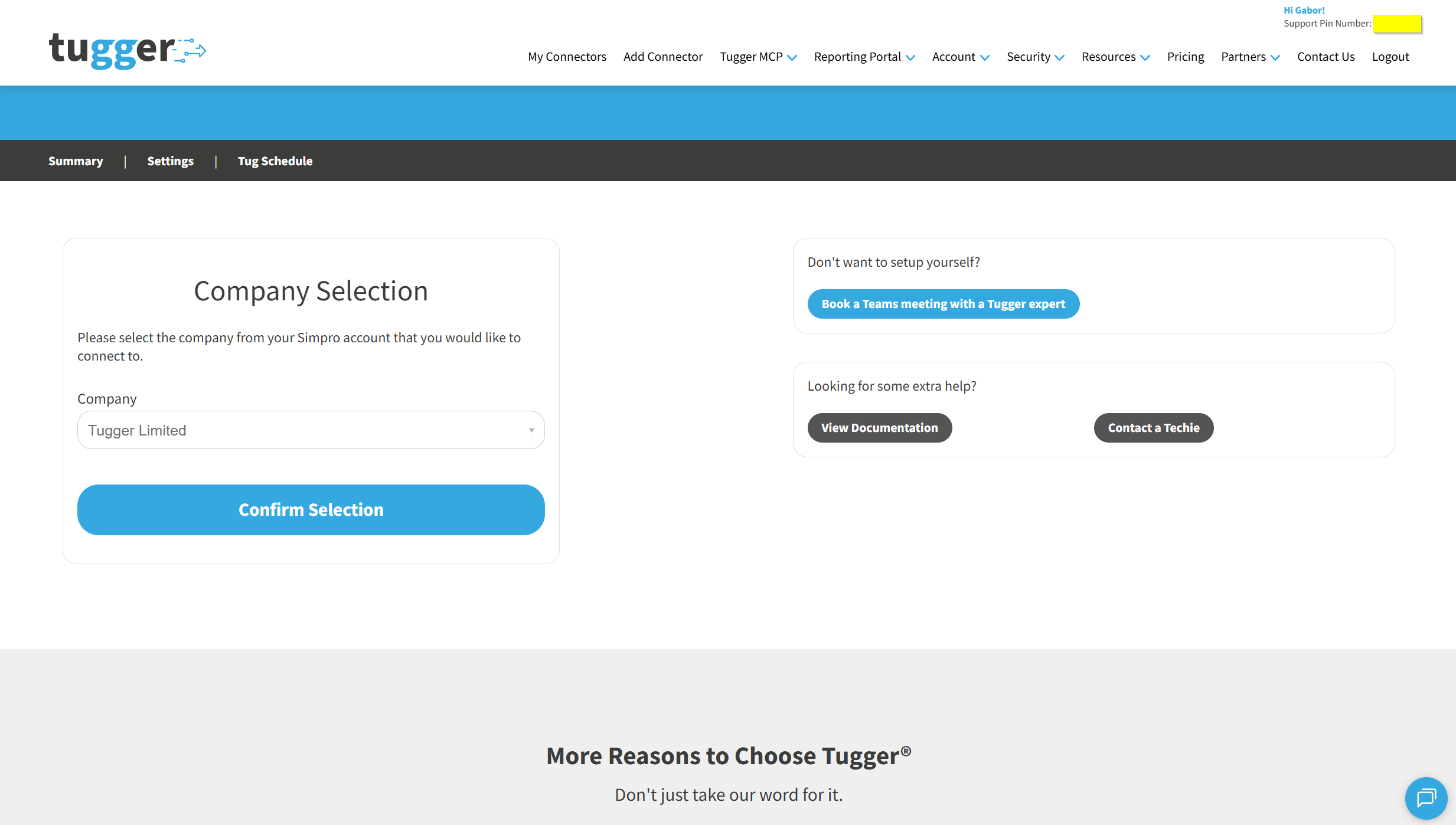 Screenshot: Company Selection page with the company dropdown and Confirm Selection button