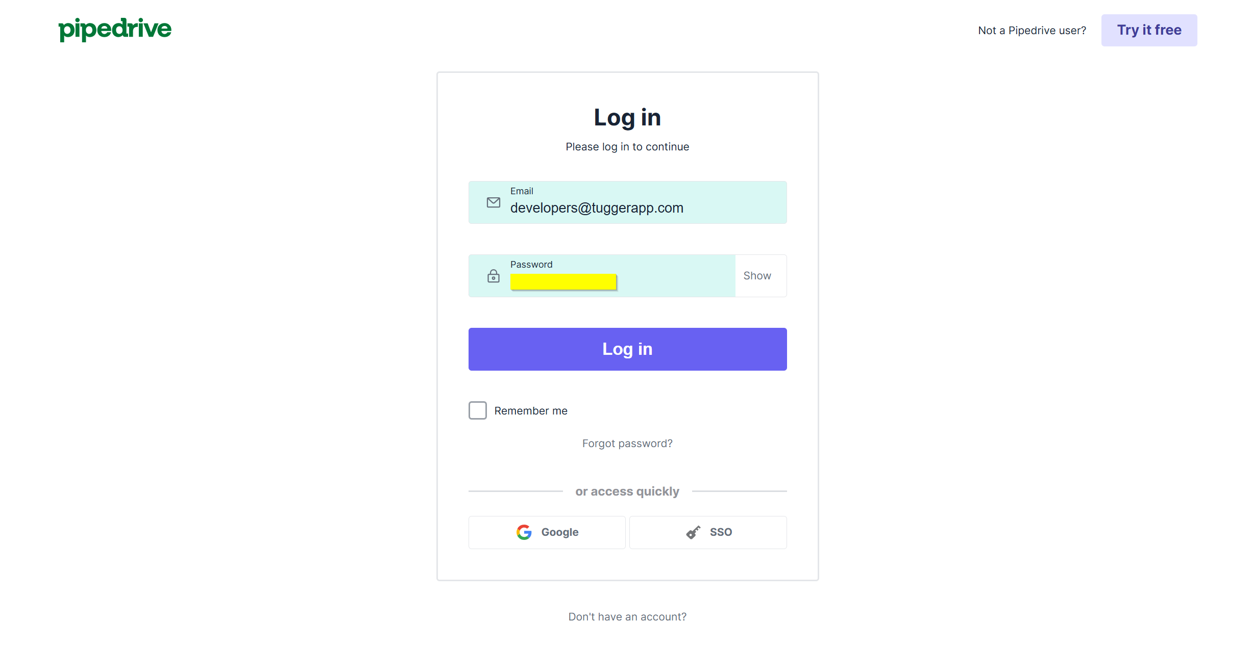 Screenshot: Pipedrive login screen