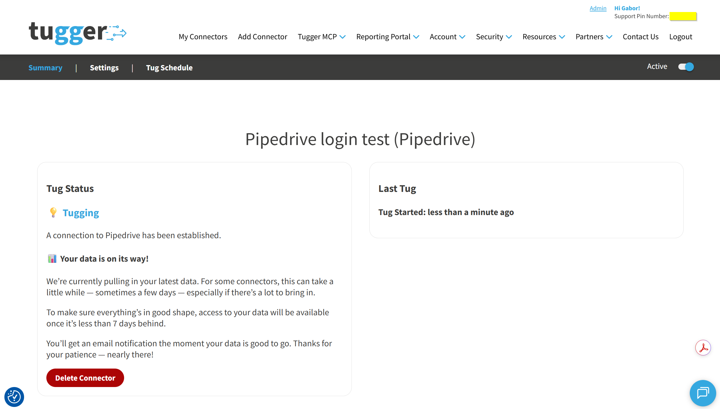 Screenshot: Summary page showing the first Pipedrive sync in progress