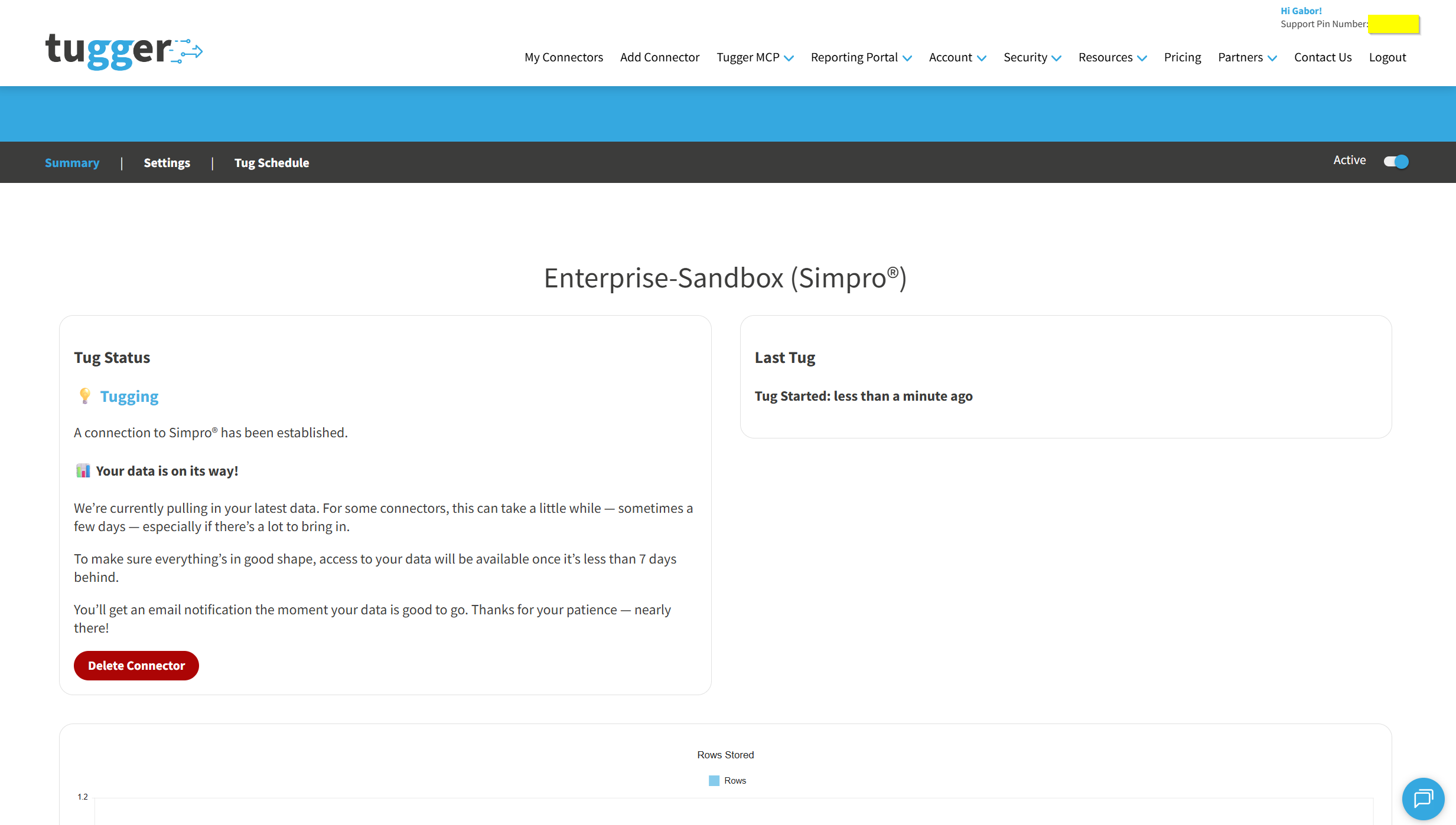 Screenshot: Summary page showing the first Simpro sync in progress