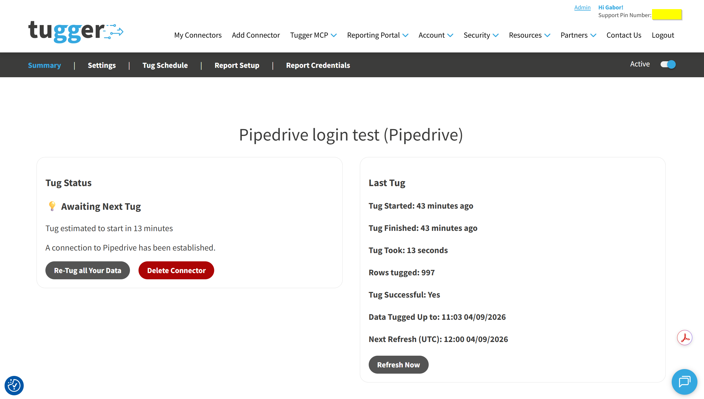 Screenshot: Summary page showing the completed Pipedrive sync with the data-to date