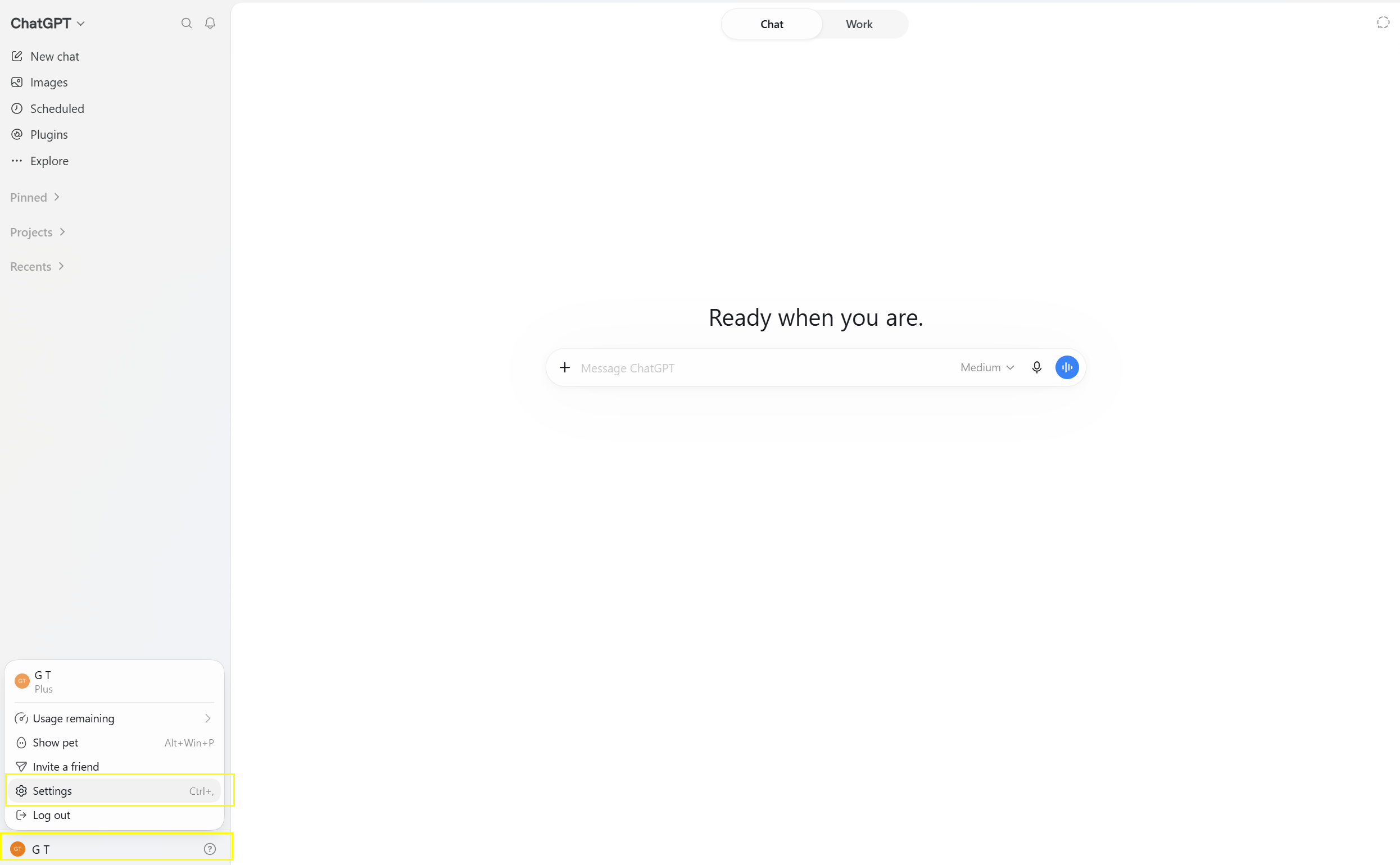 Screenshot: ChatGPT sidebar with the profile menu open and Settings highlighted