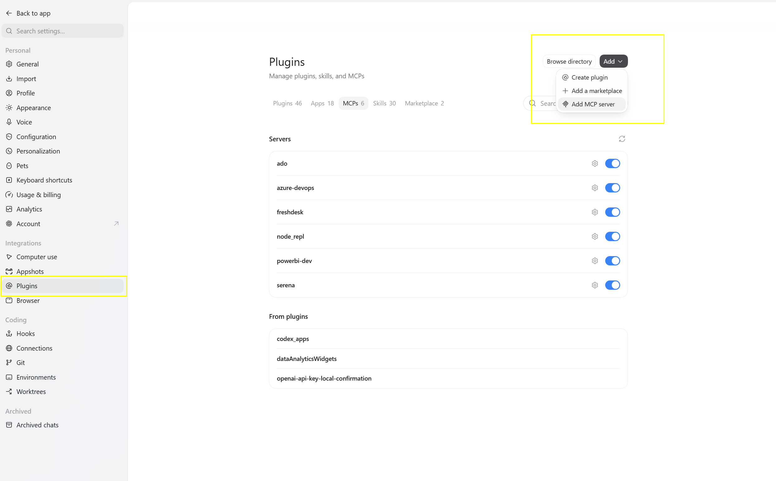 Screenshot: ChatGPT Settings - Plugins page with the MCPs tab and the Add MCP server option highlighted