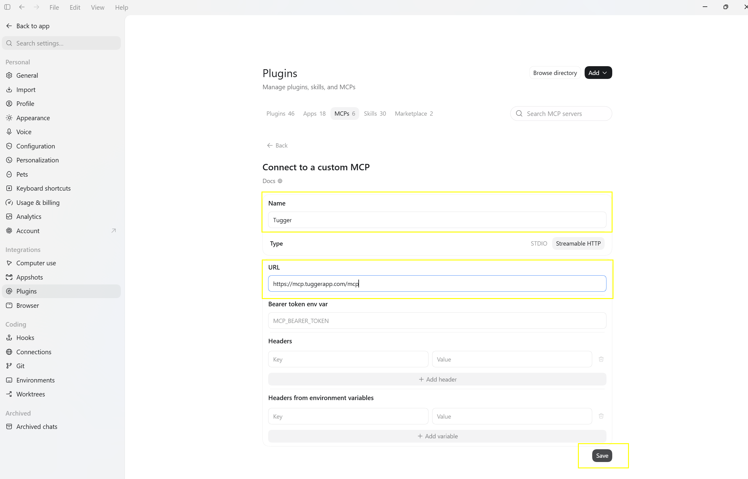 Screenshot: Connect to a custom MCP screen with the Name and URL filled in and Save highlighted