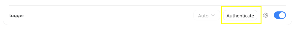 Screenshot: Tugger listed under Servers with the Authenticate button highlighted
