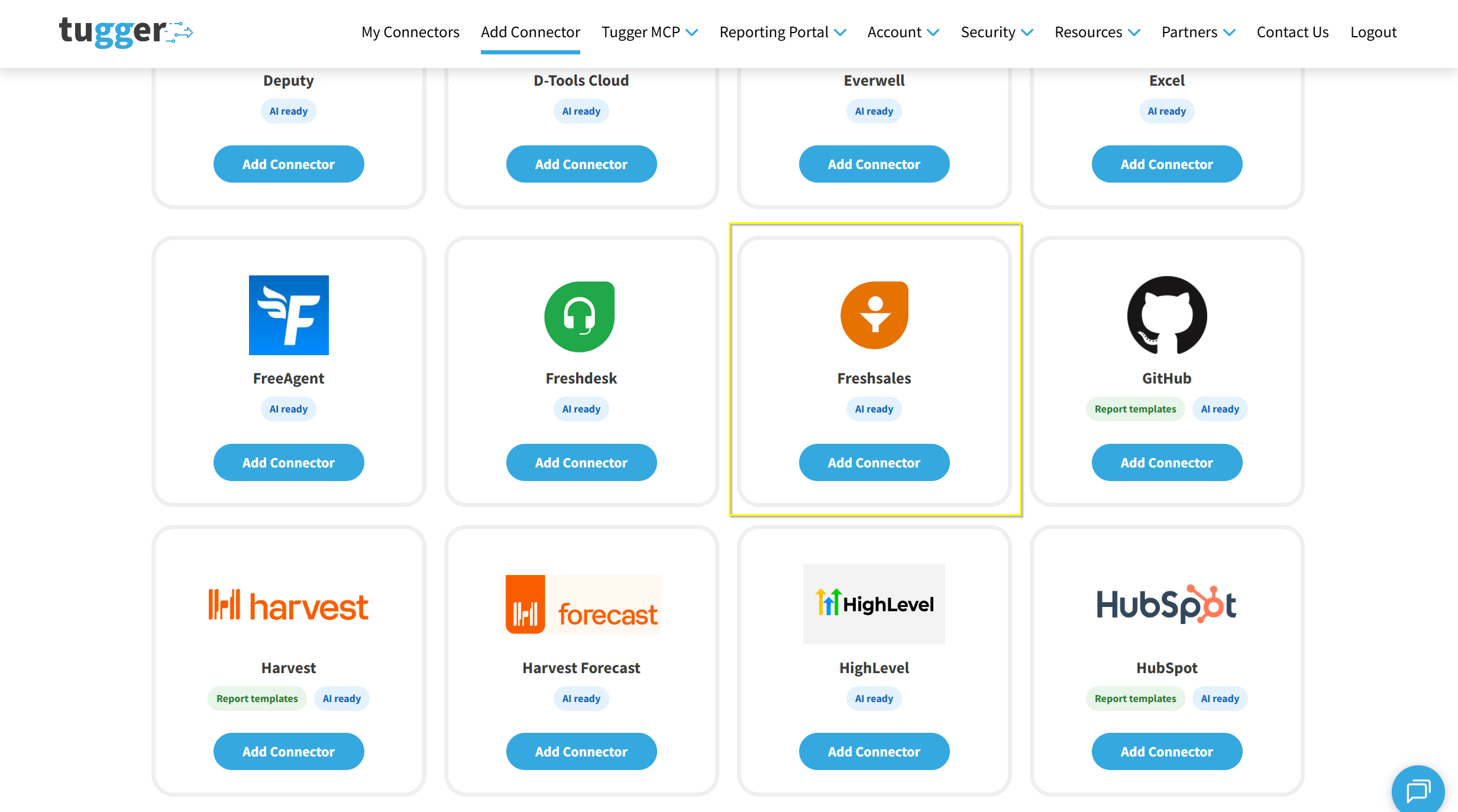 Screenshot: Add Connector screen with Freshsales highlighted