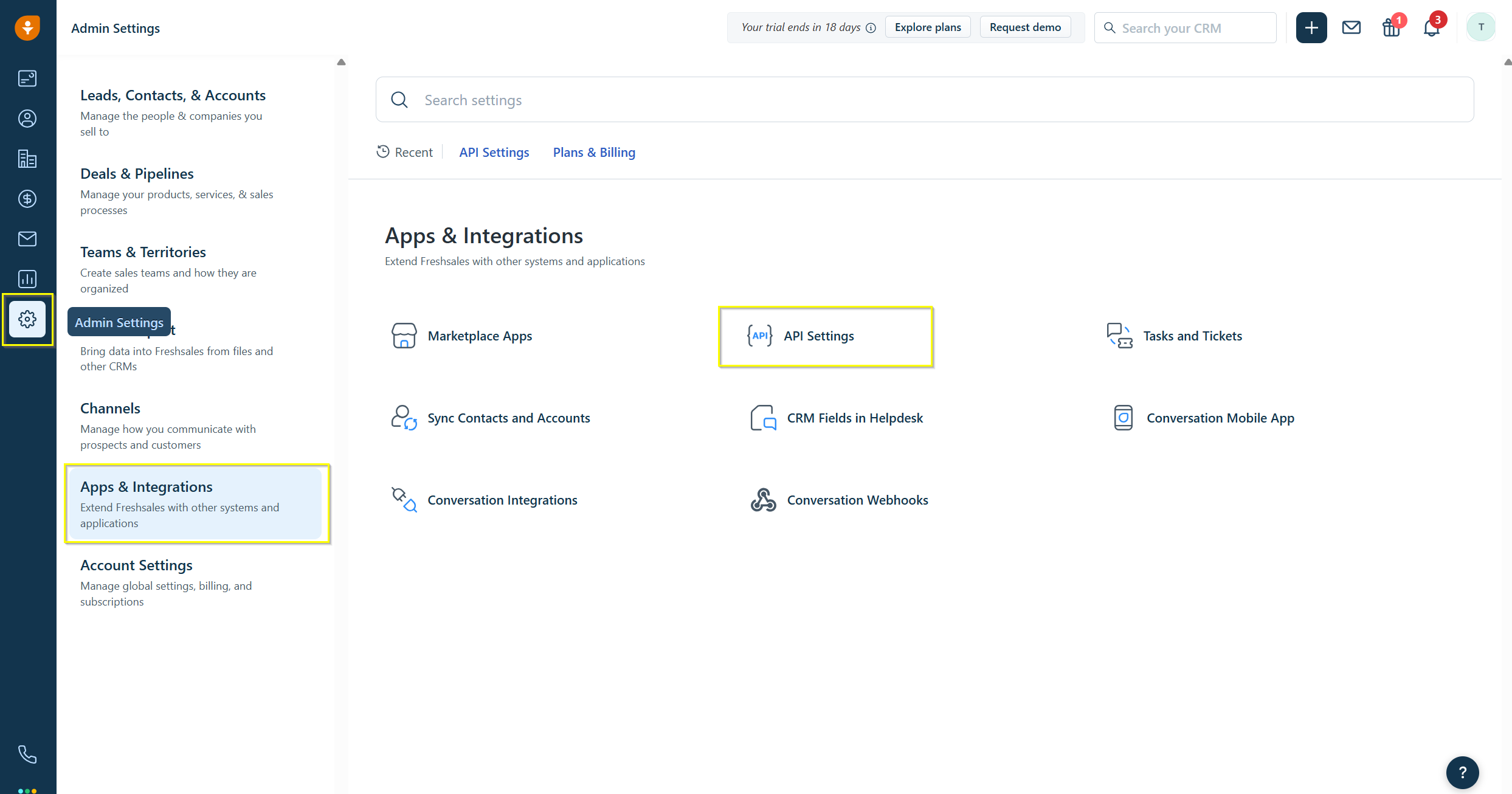 Screenshot: Freshsales Admin Settings showing Apps & Integrations with API Settings highlighted