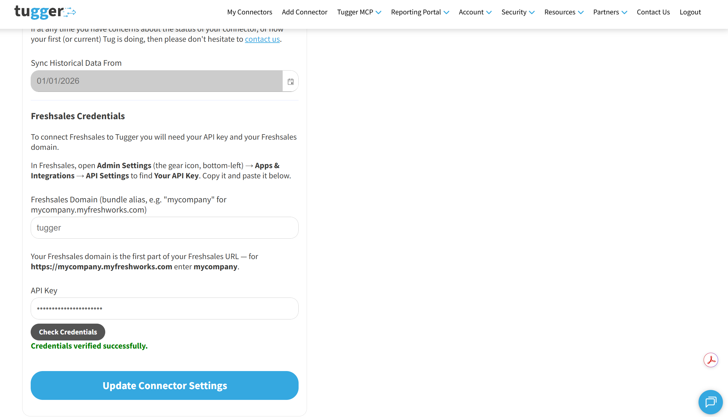 Screenshot: Freshsales Credentials section with the domain and API key entered and credentials verified