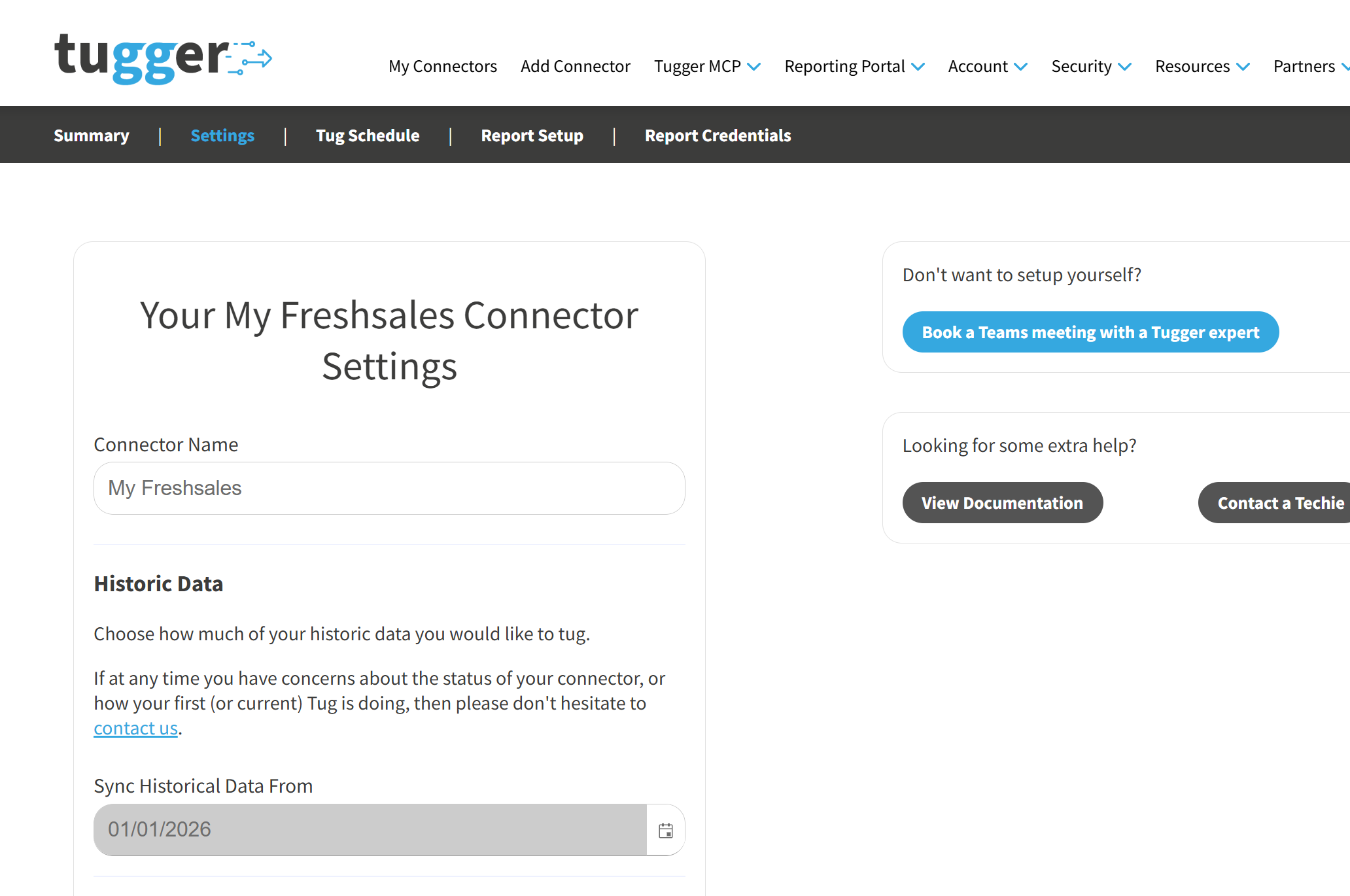Screenshot: Connector settings screen showing the Connector Name and Historic Data fields