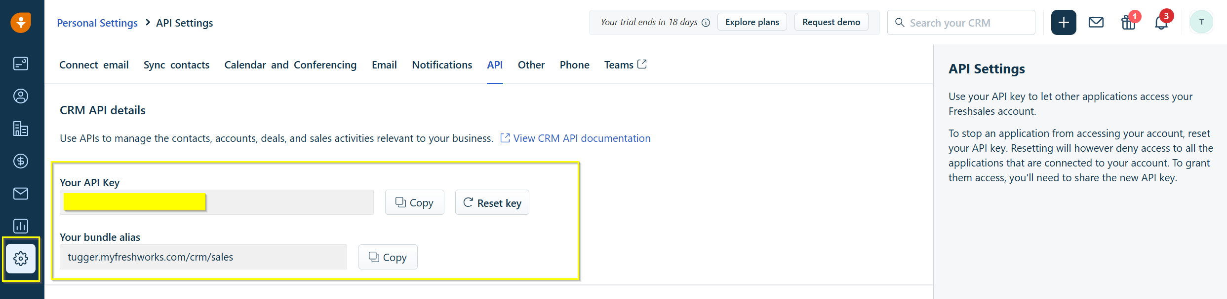 Screenshot: Freshsales API Settings page showing Your API Key and Your bundle alias