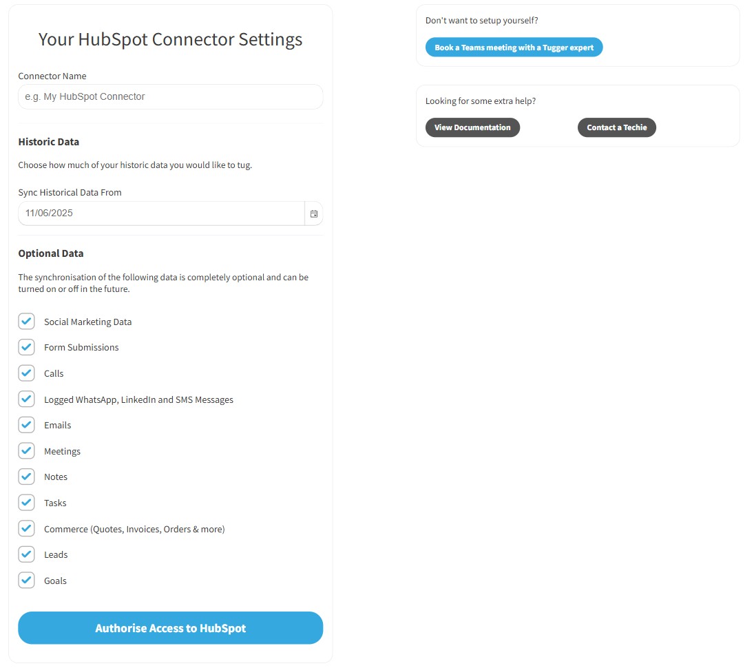 Screenshot: HubSpot Connector Settings screen showing name, historic data date, and optional data checkboxes