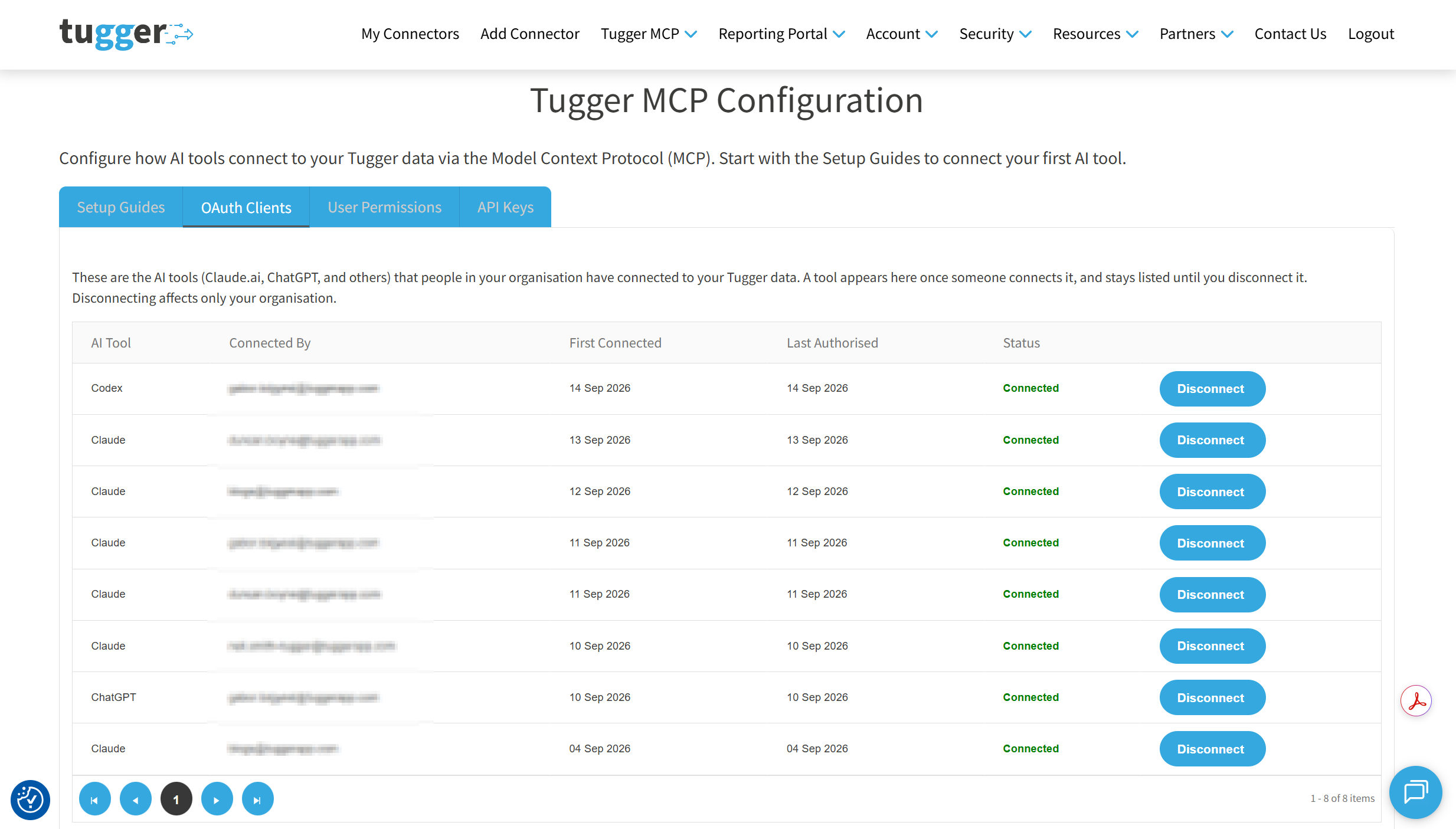 Screenshot: OAuth Clients tab showing AI Tool, Connected By, First Connected, Last Authorised and Status columns