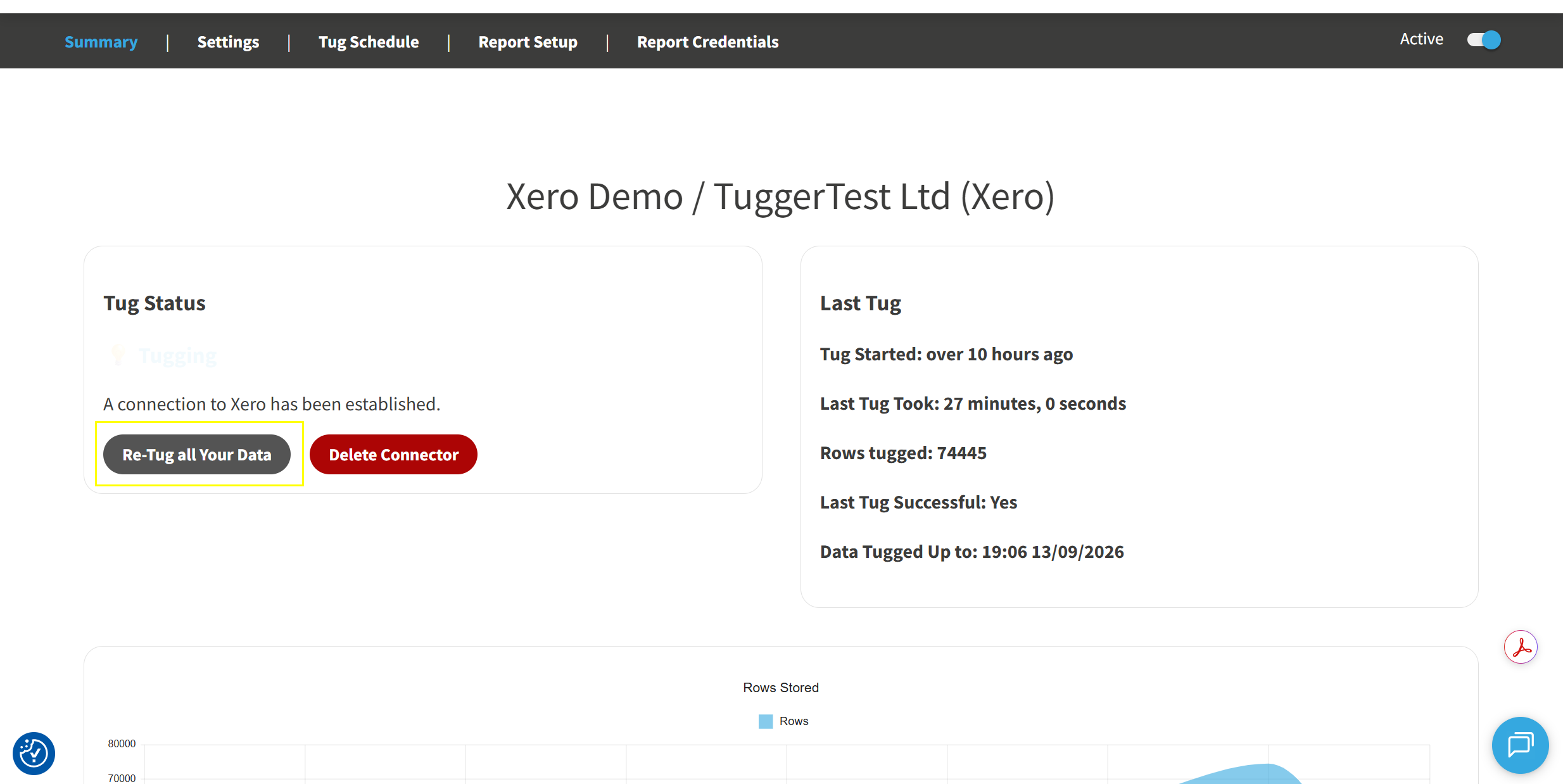 Screenshot: Connector Summary tab with the Re-Tug all Your Data button highlighted