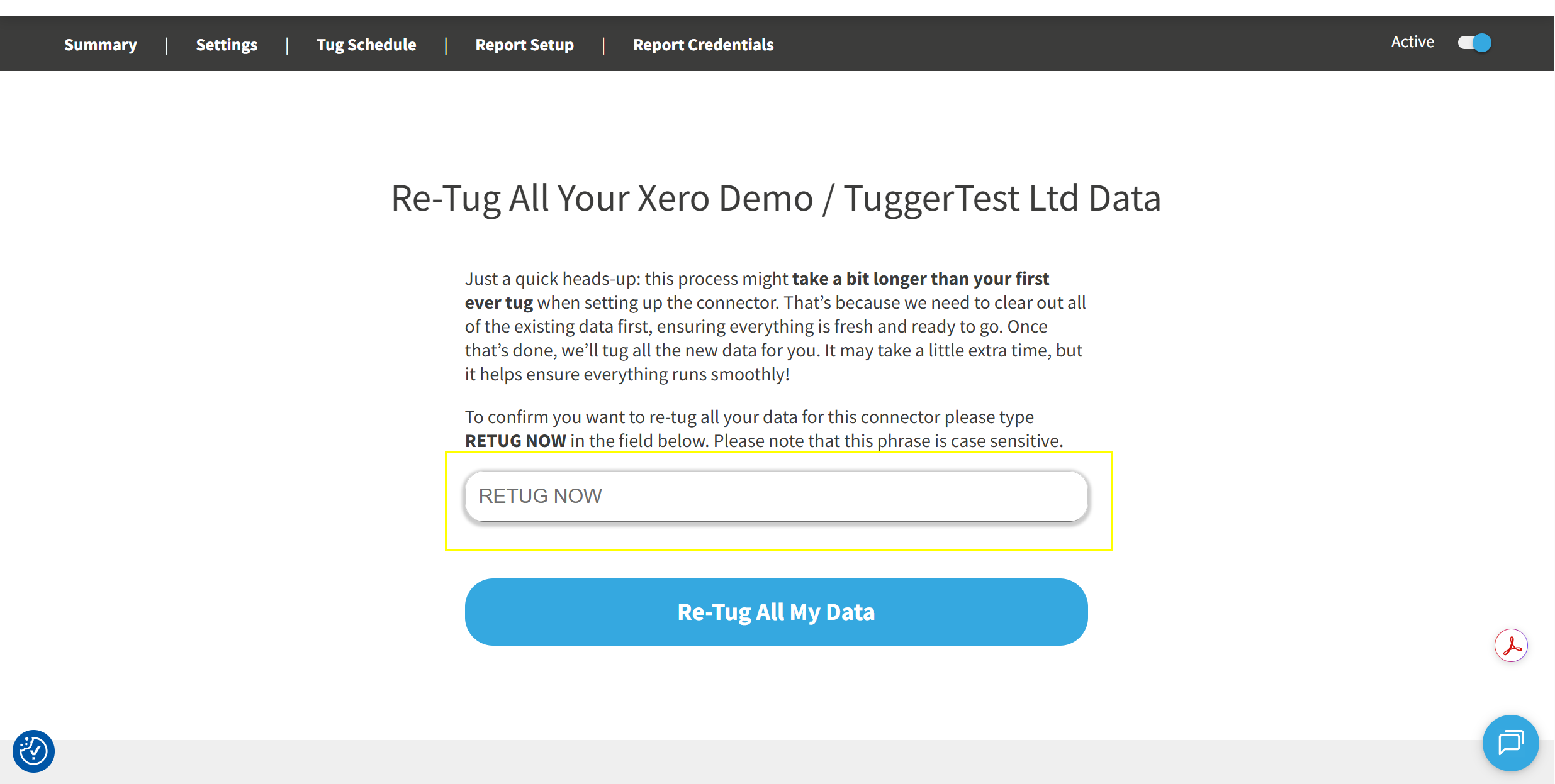 Screenshot: Re-Tug confirmation page with the RETUG NOW field and the Re-Tug All My Data button highlighted