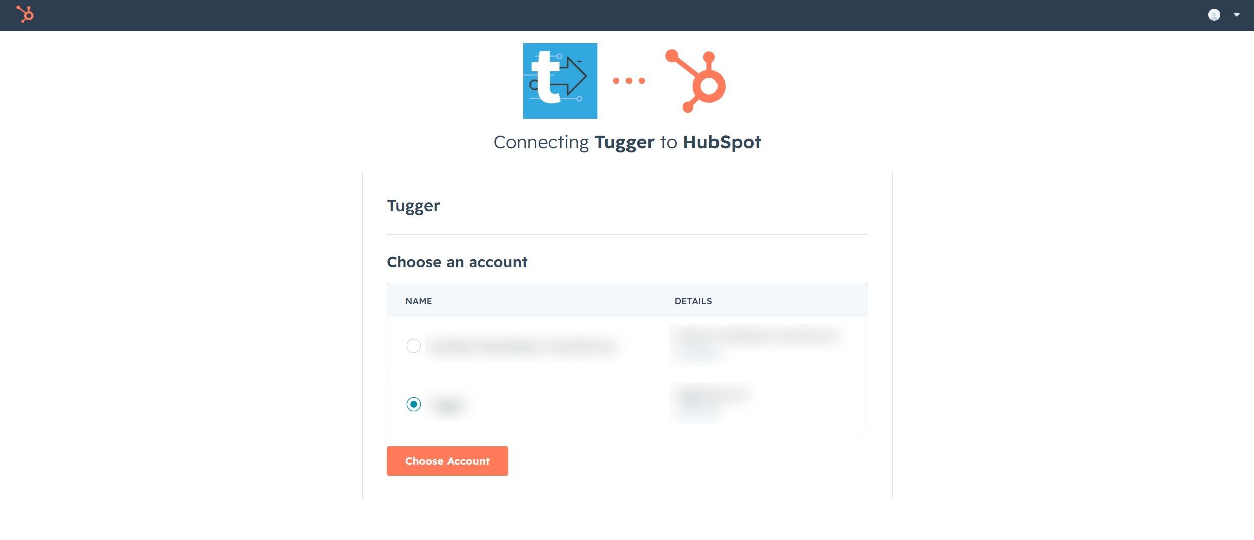 Screenshot: HubSpot account selection screen