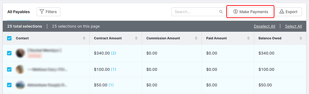 Image of multiple creators select in the payments table and the Make Payments button highlighted.