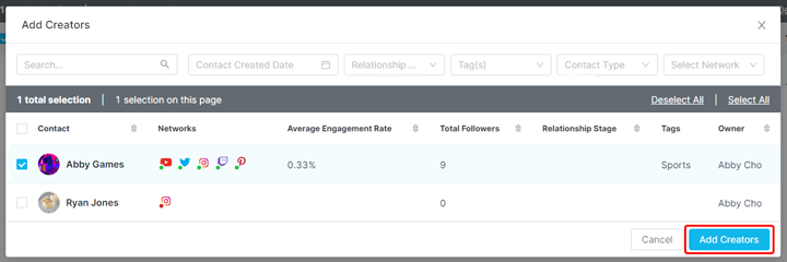 An image of the Add Creators modal with one contact selected and the Add Creators button highlighted