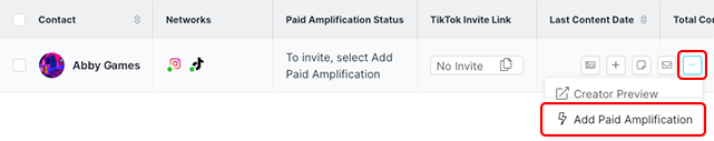 Image of an activated creator without a TikTok Invite Link and the More Options > Add Paid Amplification row action highlighted