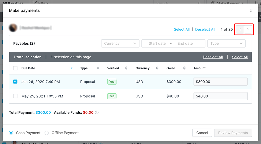 Image of the Make payments modal with the arrows to scroll between creators highlighted.