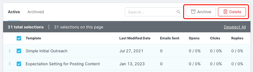 Image of multiple templates selected with bulk actions highlighted