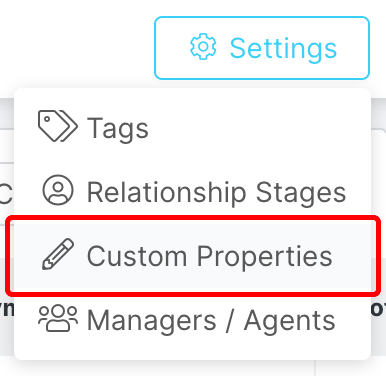 An image of the Settings menu selected and the Custom Properties option highlighted in the dropdown menu.