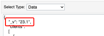 An image of the Open Commerce API Settings editor set to Data and the first line, "_v": "23.1", highlighted