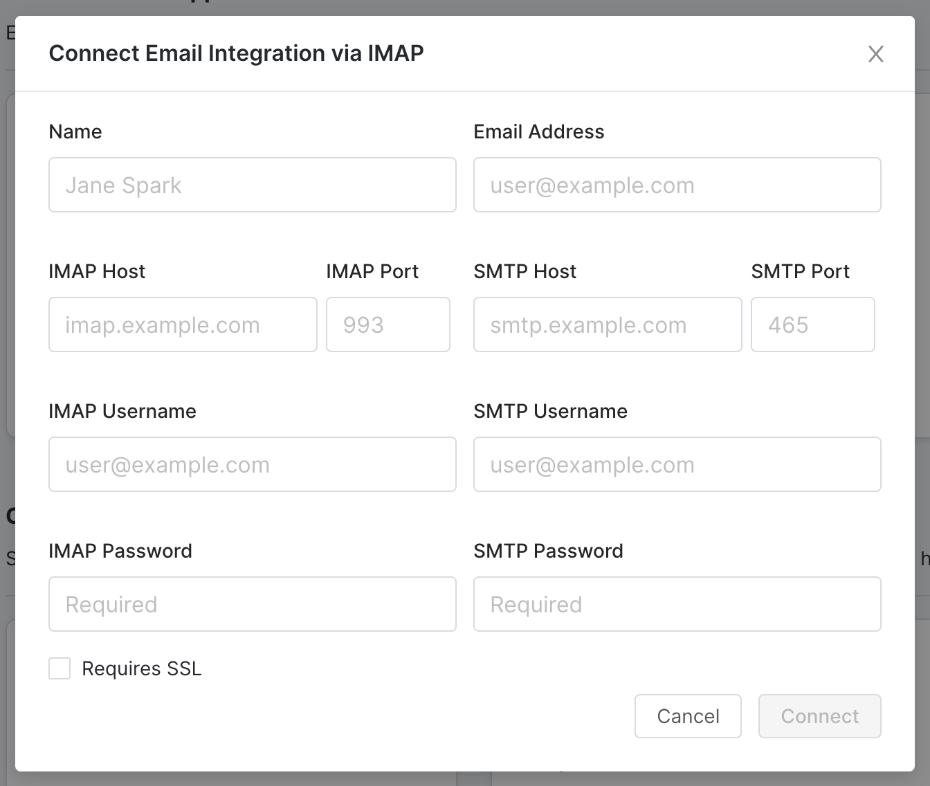 Image of the required IMAP settings for the email integration.