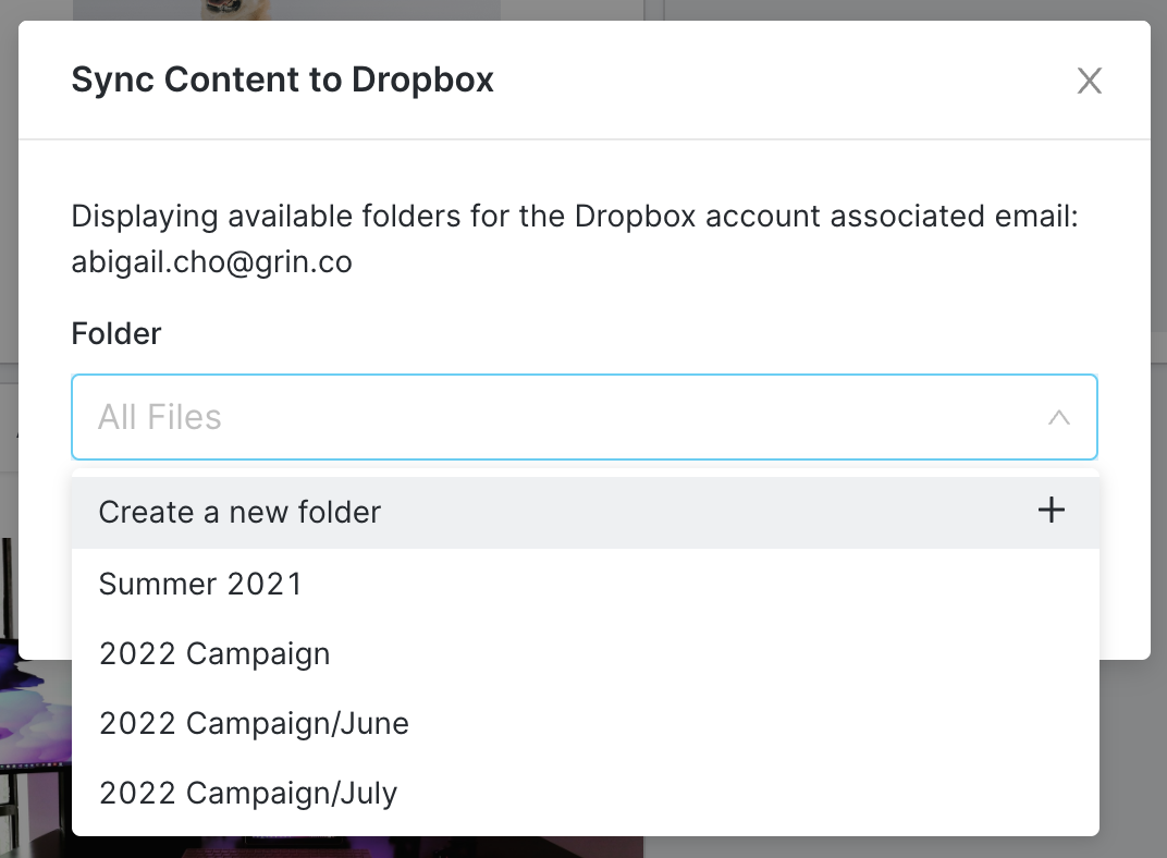 Image of the cloud content sync modal with the folder dropdown menu expanded.