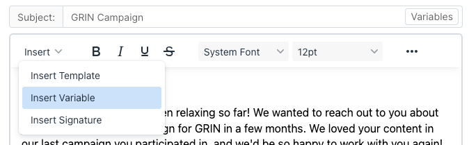 An image of GRIN's email text editor with the Insert menu open.