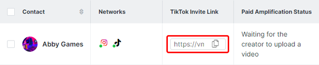 Image of a contact in an Activation's Track Progress table with the TikTok Invite Link column enabled and the creator's unique link highlighted