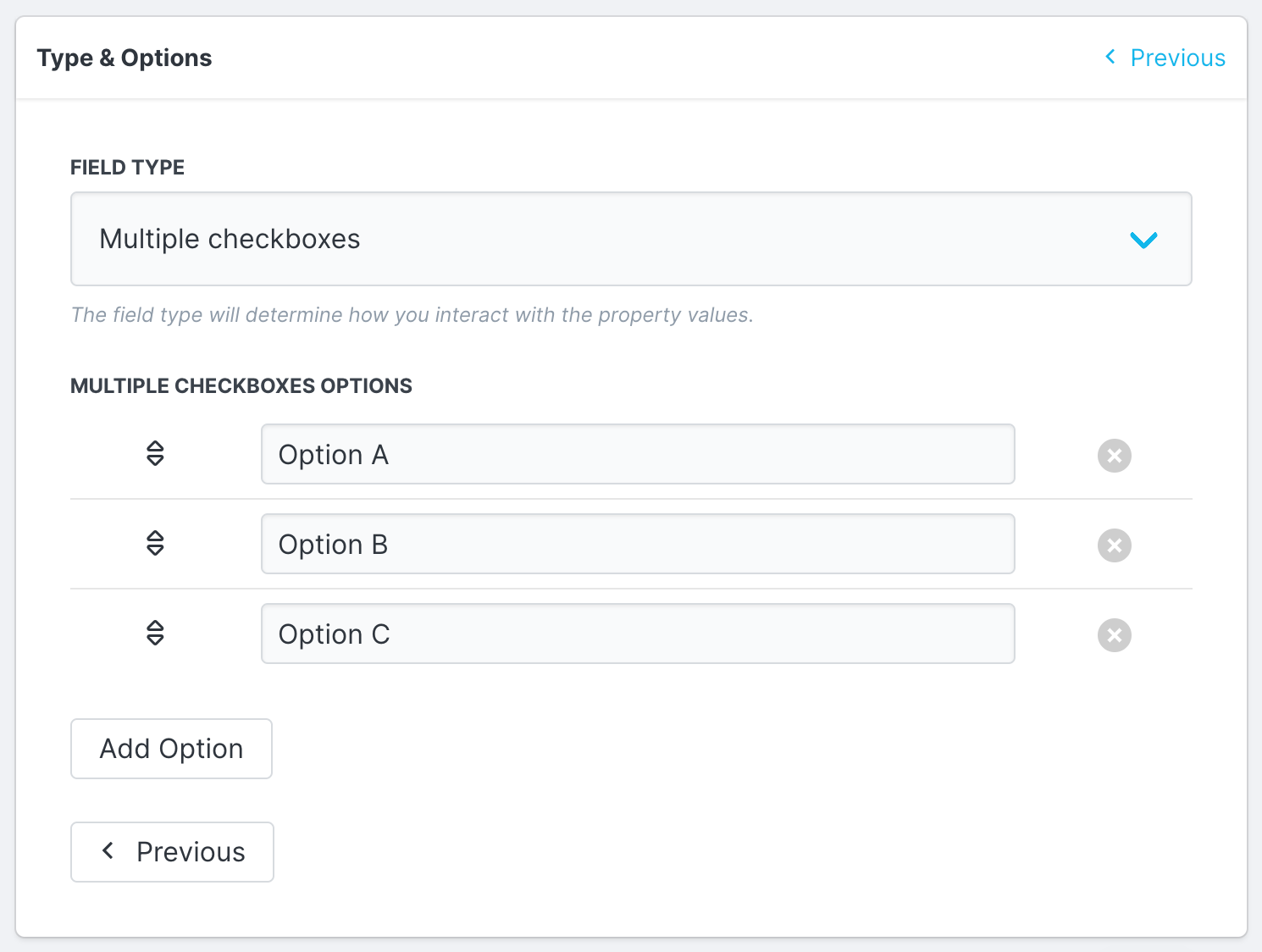 An example image of the multiple checkboxes field type selected and sample options created.