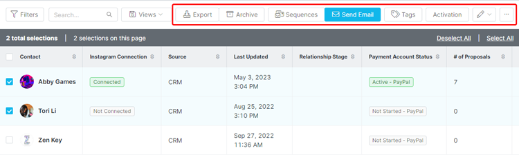 Image of the My Creators table with two creators selected, highlighting the toolbar that appears at the top of the table