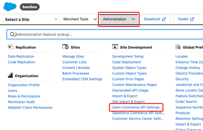 Image of the Administration menu in the Salesforce Commerce Cloud Business Manager, with the Open Commerce API Settings option highlighted