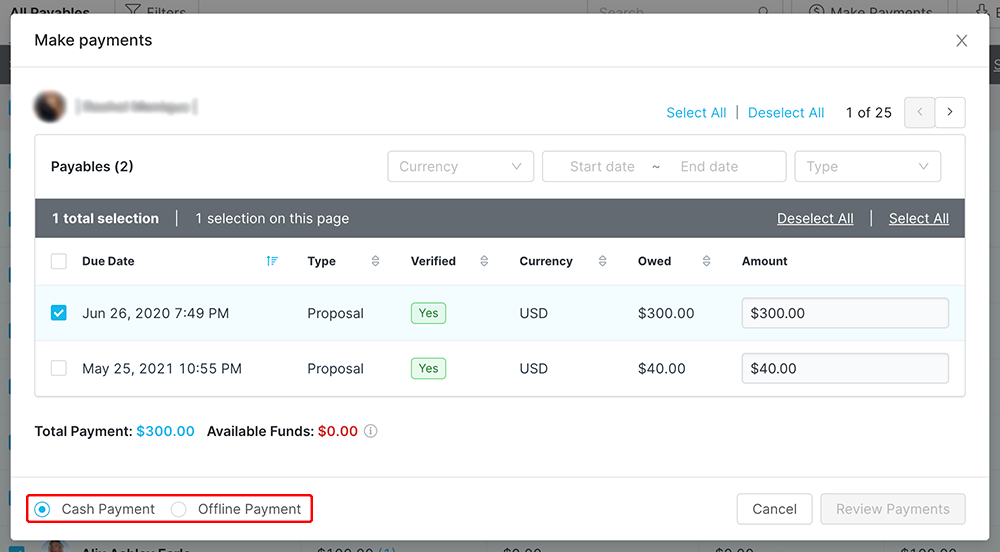 The Make payments modal open with a payable selected and the payment options highlighted.